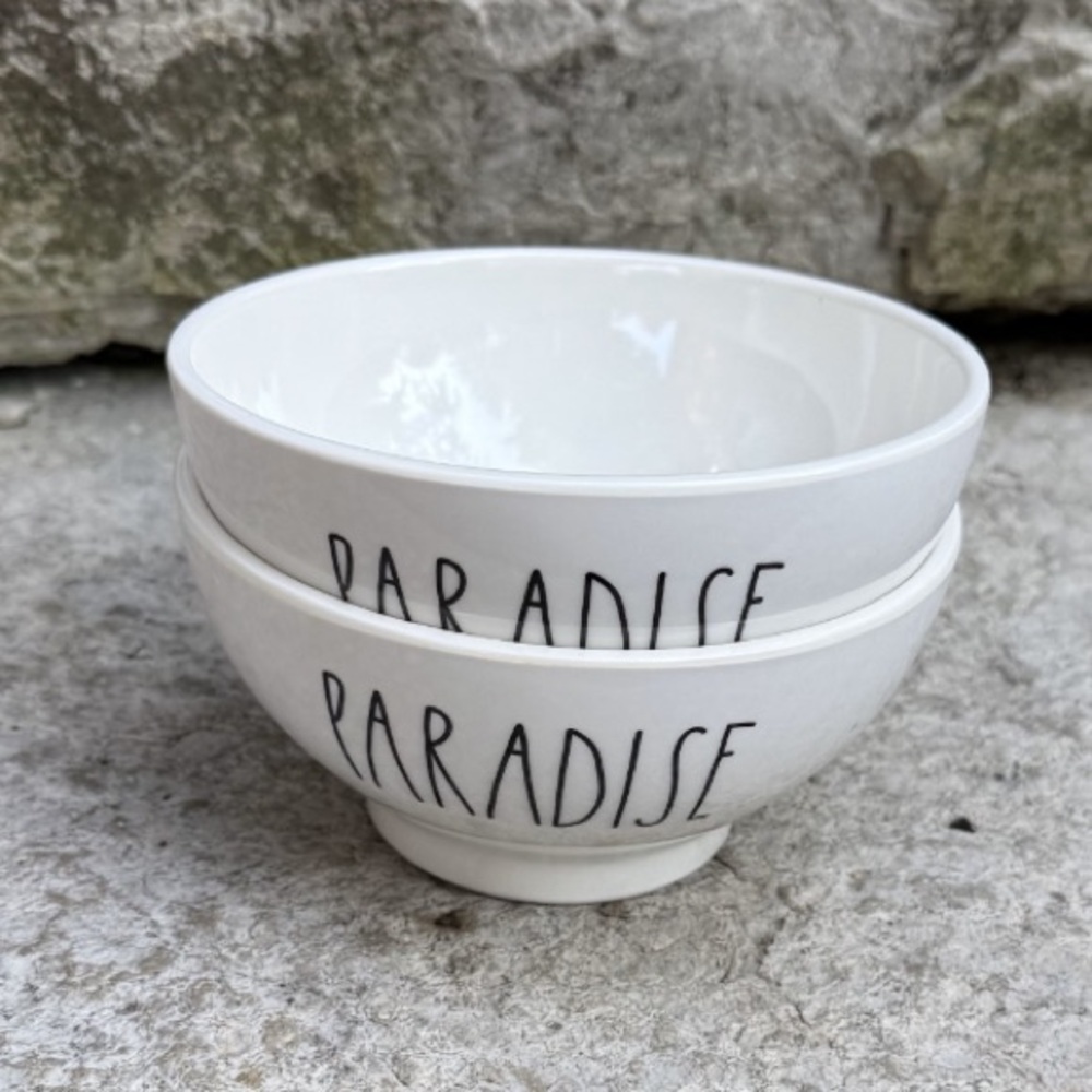 Rae Dunn PARADISE White Melamine Bowls with Black Lettering- Set of 2